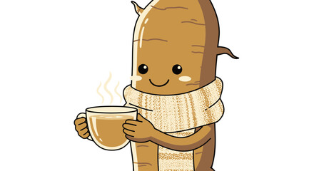 Cozy Root Vegetable Character Enjoying Warm Beverage with a Joyful Expression
