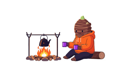 Cozy Autumn Scene: Animated Figure Enjoying Tea by a Campfire Under the Stars