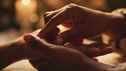 Close-up of Hands Performing Palmistry Reading under Warm Candlelight with Soft Bokeh Background