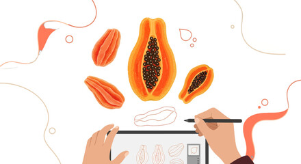 Creative Digital Illustration Of Papaya And Its Components With Minimalistic Elements