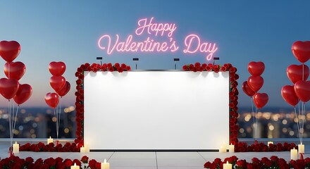Enchanting rooftop Valentine's Day setup with blank screen, heart balloons, roses, and cityscape views, perfect for a romantic urban celebration or special outdoor event