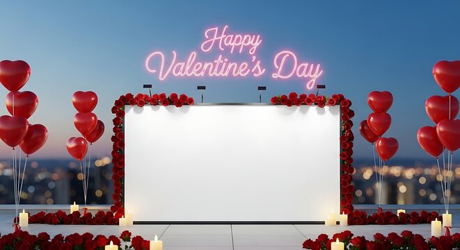 Enchanting rooftop Valentine's Day setup with blank screen, heart balloons, roses, and cityscape views, perfect for a romantic urban celebration or special outdoor event