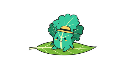 Cute Cartoon Character Lettuce Enjoying Its Time on A Leaf in Dark Background