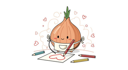 Cute Cartoon Onion Drawing a Love Heart and Preparing to Send its Positive Feelings