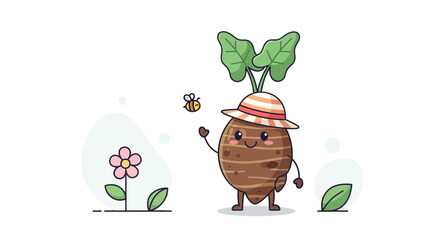 Cute Cartoon Taro Root Character Smiling At A Bee And Flower With Black Background