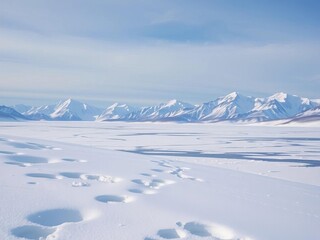 Snowy landscape with distant mountains and a frozen lake,  blue,  lake
