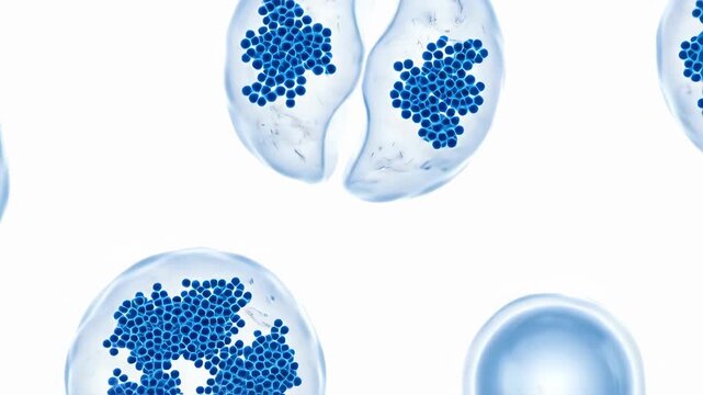 Stages of cell division in a white background showcasing blue cellular biology concepts. Microscope view of mitosis and meiosis process 3d rendering in biology and microbiology.