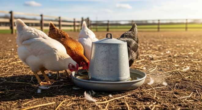 Chickens Gathering Around a Feeder, Depicting Agriculture and Farm Life in a Rural Setting, Image