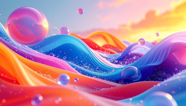 Vibrant abstract background of flowing iridescent liquid with glossy waves and shimmering bubbles under a warm glow