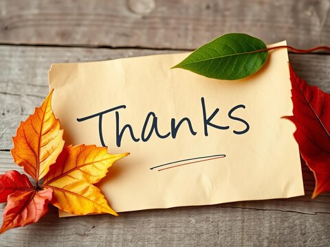 Heartfelt thanks conveyed with a handwritten note and natural elements like leaves and wood grain,  leaves,  thoughtful