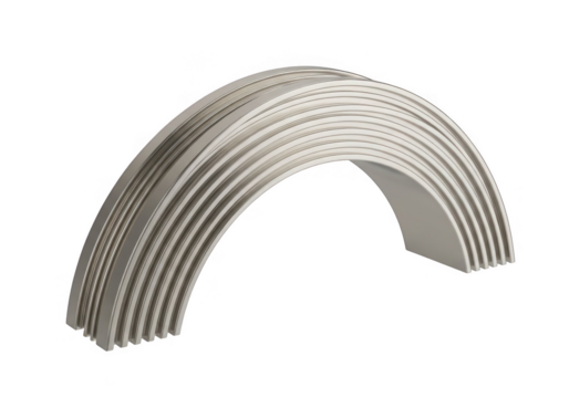 Curved archway made of stacked white ribbed panels isolated on transparent background
