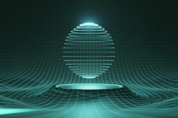Hologram of futuristic technology sphere with digital grid scene