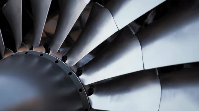 Detailed close up of an airplane turbine engine featuring silver blades and dark gray metal details with sharp focus on mechanical engineering and modern industrial design