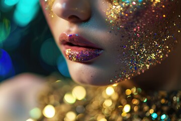 Woman with glitter makeup on her face and lips. Creative beauty portrait for cosmetic advertisement or makeup tutorial. Glamorous festive art.