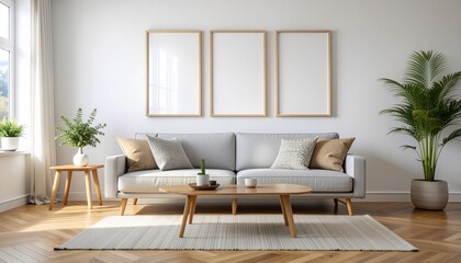 北欧インテリアに飾られたポスターモックアップ