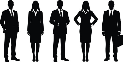 Professional business people silhouettes in formal corporate attire standing confidently, ideal for office presentations, branding materials, workplace 