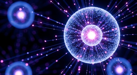Abstract Rendering Of A Glowing Spherical Microscopic Structure Or Data Cell Radiating Energy Lines And Particles Against A Deep Dark Background Representing Quantum Physics And Future Techn