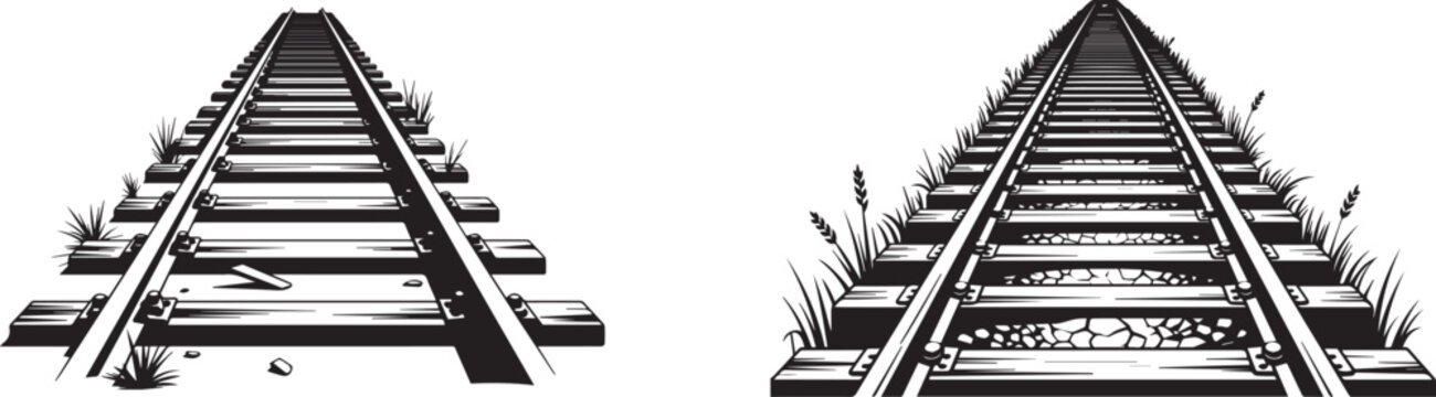 Vintage railroad tracks with weeds and grass between wood sleepers retro style