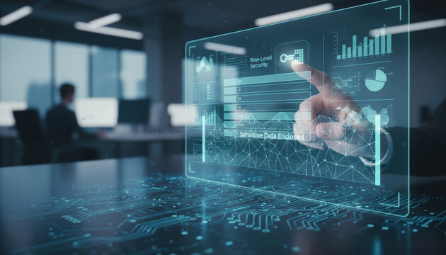 Data foundation quality. ai transformation business empowers secure analytics dashboard with tactile interface and confident professional gesture