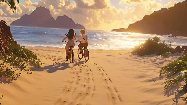 Two People Cycling Along Sandy Beach at Golden Hour.