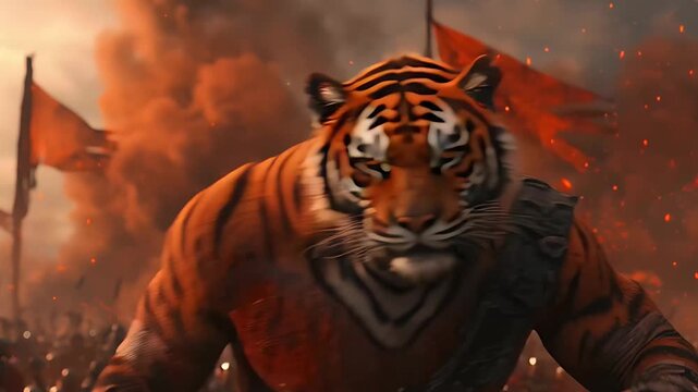 Warrior Tiger Standing on Battlefield in Dramatic Cinematic Scene.