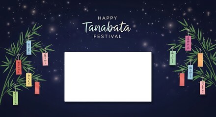 Happy Tanabata Festival Banner with Bamboo Decorations and Wish Cards on Dark Blue Background