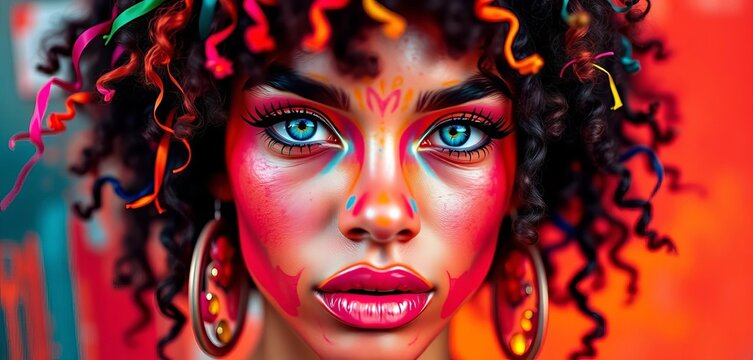 Vibrant, stylized portrait; bold colors, abstract features,  face,  mixed media