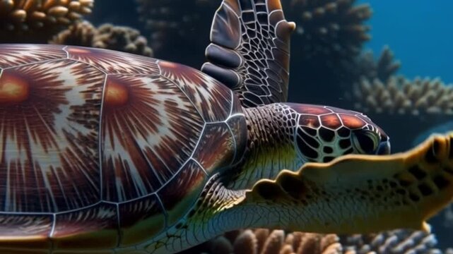 sea turtle swimming gracefully near coral reef, tiny particles floating