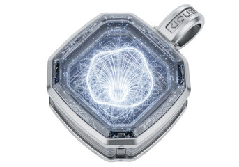 Geometric crystal pendant with glowing inner core isolated on transparent background
