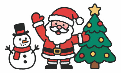 A cheerful Christmas illustration with Santa Claus, Snowman and Christmas Tree.