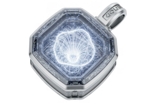 Geometric crystal pendant with glowing inner core isolated on transparent background