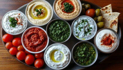 Overhead shot of a platter with assorted dips, including hummus, yogurt, and tomato-based sauces, garnished with herbs and served with tomatoes and pita bread.