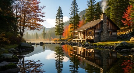 Rustic cabin by serene lake in autumn forest. Reflecting vibrant fall colors and tall pine trees, a peaceful and picturesque natural landscape scene