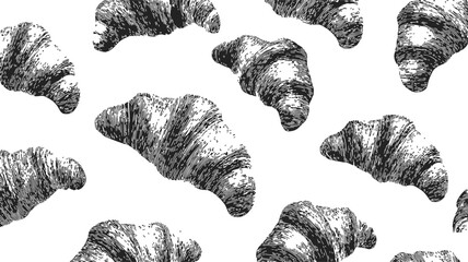 Croissant seamless pattern sketch, hand drawn French pastry repeat background — stock vector