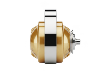 Golden ribbed bottle with white and black accents isolated on transparent background