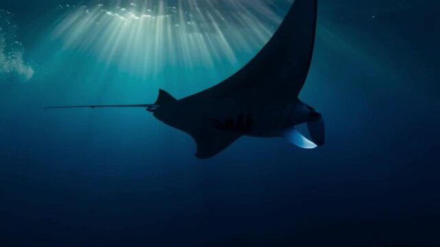  giant manta ray gliding gracefully, sunbeams above creating silhouettes