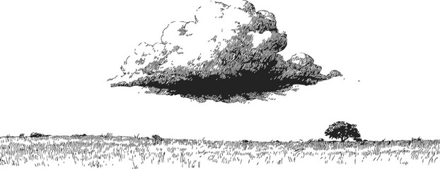 Cloud sketch hand drawn over grassy field with lone tree — stock vector