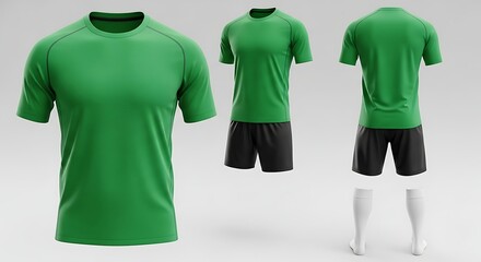 Blank green short-sleeved athletic jersey and black shorts mockup template, showcasing multiple views on an invisible mannequin for sportswear design and branding presentations