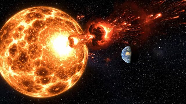A vibrant orange star ejects streams of energy in space, set against a backdrop of distant stars, with a small blue planet in the distance. A dramatic cosmic scene.