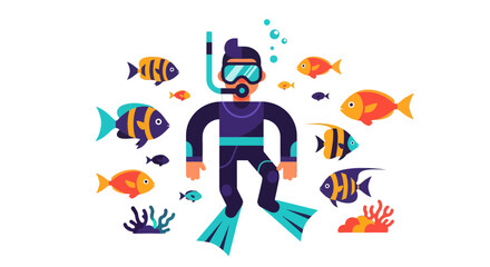 Obraz premium Diver Explores Underwater World Surrounded By Animated Colorful Marine Life