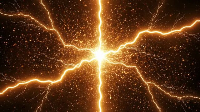 Dramatic yellow electrical discharges against a dark backdrop, illustrating high voltage lightning, energy pulses, and thunderous atmosphere, creating a dynamic energy field.