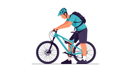 Obraz premium Cyclist Preparing For A Mountain Ride On A Teal Colored Bicycle In Perfect Shade