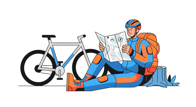 Cyclist Planning Adventure With Map And Bicycle After Travel Journey On Landscape Exploration