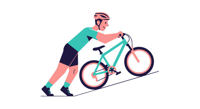 Cyclist Struggles To Climb Steep Hill With Bicycle On Black Background Illustration