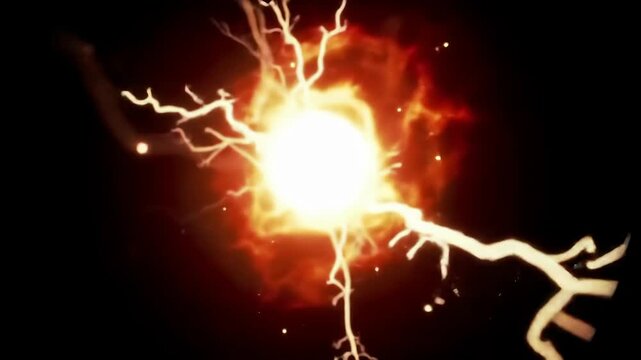 Dynamic burst of electric light and lightning arcs against a dark backdrop, animated energy ball with sparks, orange glow, and fiery flames.