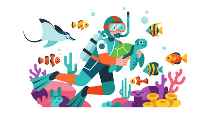 Diver Swimming And Exploring Underwater World With Exotic Marine Life And Turtle