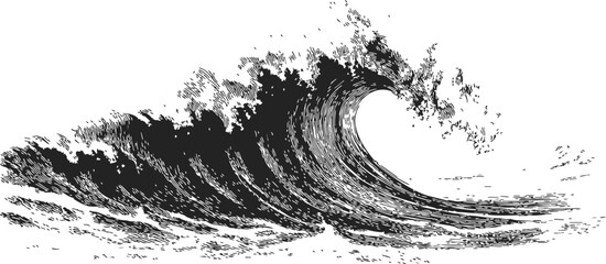 Ocean wave sketch, hand drawn black and white detailed cresting wave — stock vector