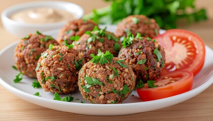 A plate of falafel balls garnished with parsley, served with sliced tomatoes and a creamy dipping sauce.