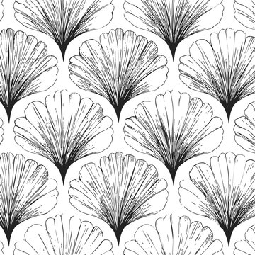 Sea shell seamless pattern sketch hand drawn black and white marine background &mdash; stock vector