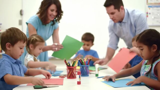 A group of elementary students are crafting with blue and red paper at a white table, with a teacher guiding them in a light blue classroom setting.